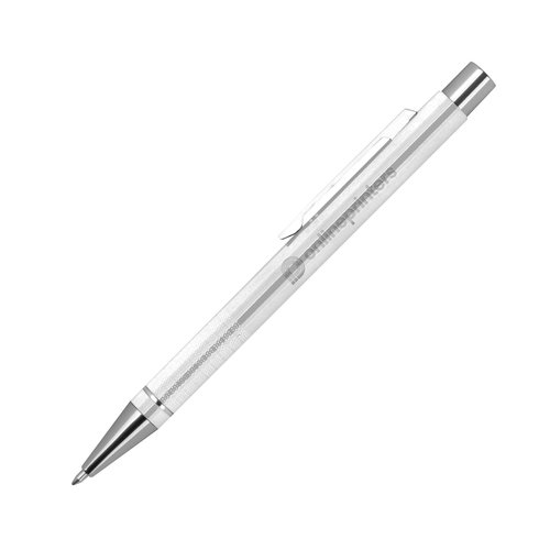 White gel pen with clip and push mechanism.