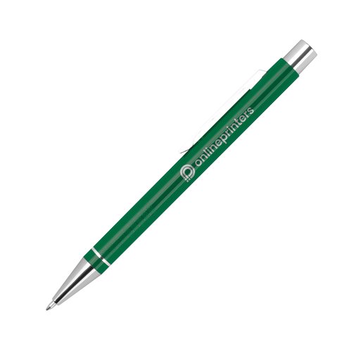 Green gel pen with clip and push mechanism.