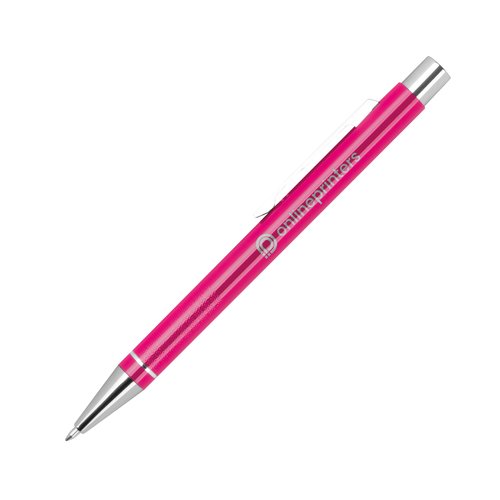 Pink gel pen with clip and push mechanism.