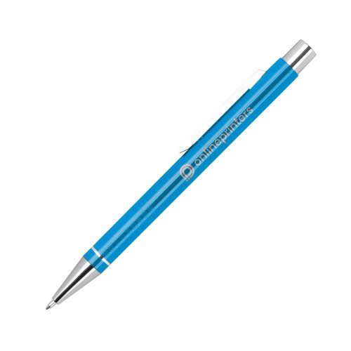 Turquoise gel pen with clip and push mechanism.