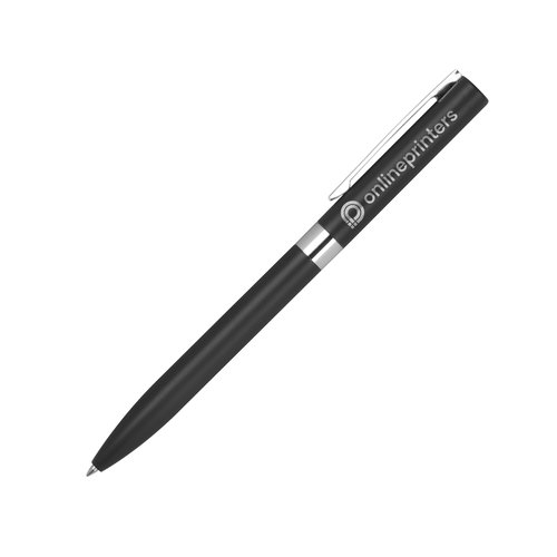 Black gel pen with metal elements and cap.