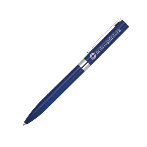 Dark blue gel pen with clip and push mechanism.