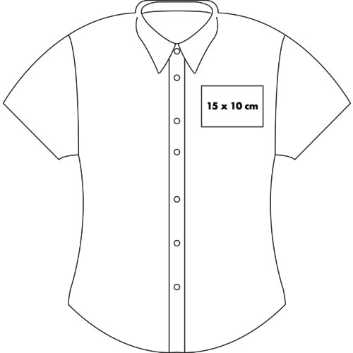 Short-sleeved women's blouse with button placket and collar.