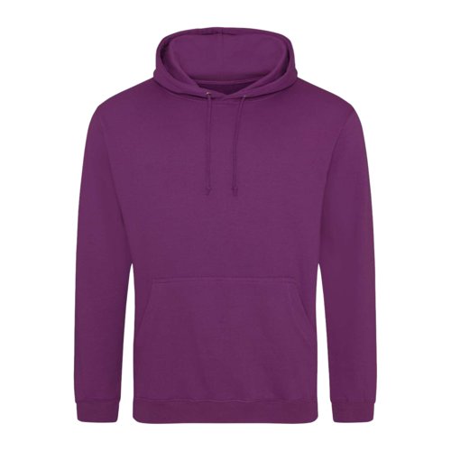 Purple cotton-polyester hoodie with hood and kangaroo pocket.