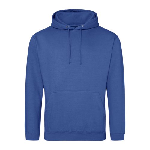 Royal blue cotton-polyester hoodie with kangaroo pocket and hood.