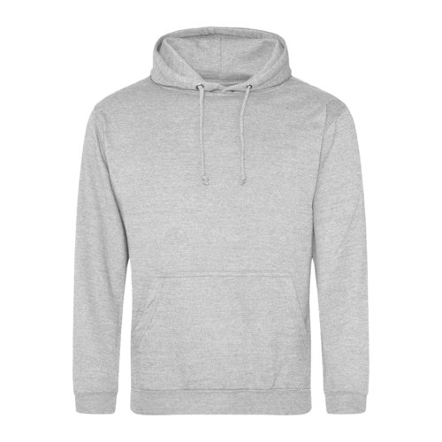 Grey heather cotton-polyester hoodie with hood and kangaroo pocket.