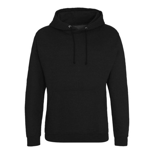 Black cotton blend hoodie with hood and drawstring.