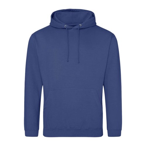 Blue cotton-polyester hoodie with hood and drawstring.