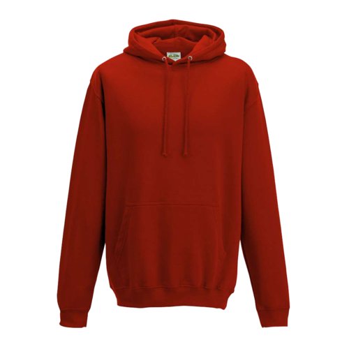 Red cotton-polyester hoodie with kangaroo pocket and hood.