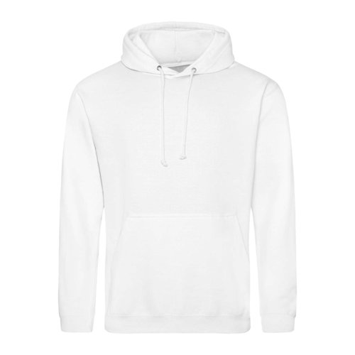 White cotton-polyester hoodie with drawstring and kangaroo pocket.