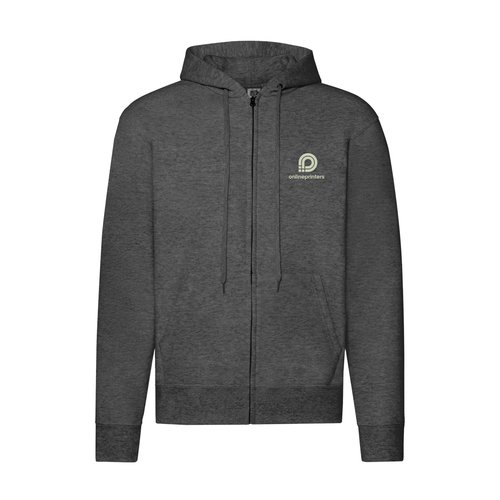 Dark gray heather cotton blend sweatshirt with hood and full zip.