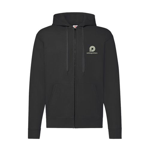 Black cotton-blend sweatshirt jacket with hood and full zipper.
