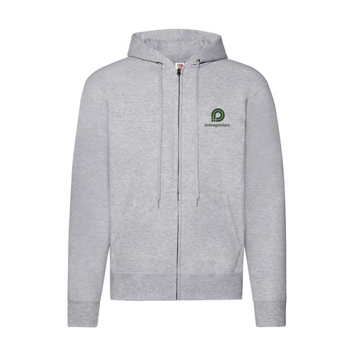 Gray heathered cotton blend men's hooded jacket with full zipper.
