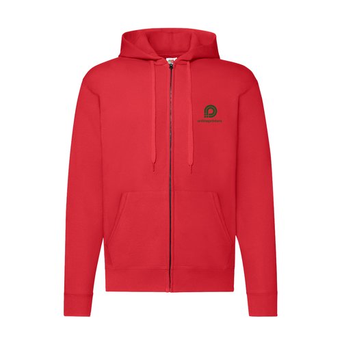 Red cotton-blend hooded sweatshirt with full zipper.