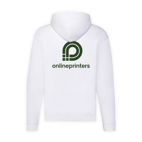 White cotton-blend men's hooded jacket with full zipper.