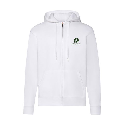 White cotton-polyester blend men's hooded sweatshirt with full zipper.