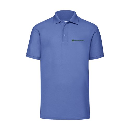 Blue mottled polo shirt in polyester-cotton blend with short button placket.