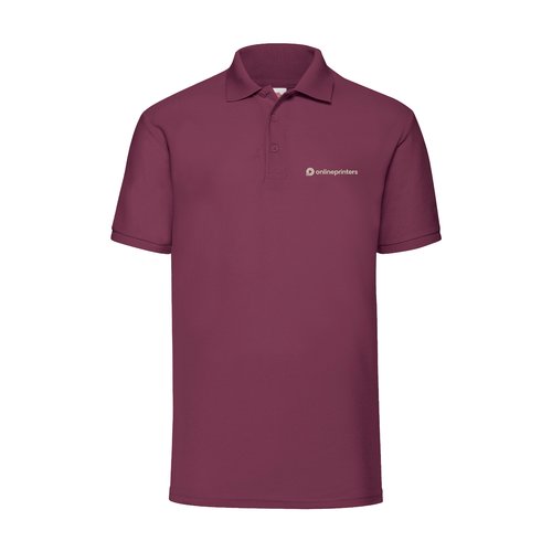 Burgundy polyester-cotton blend pique polo shirt with short sleeves.