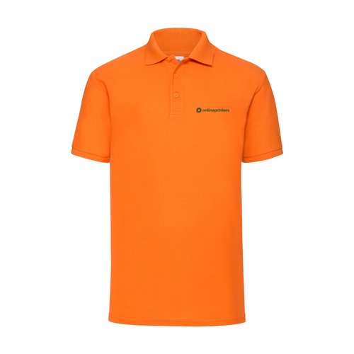 Orange polyester-cotton blend pique polo shirt with short button placket.