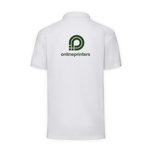 White polyester-cotton blend polo shirt with short sleeves.