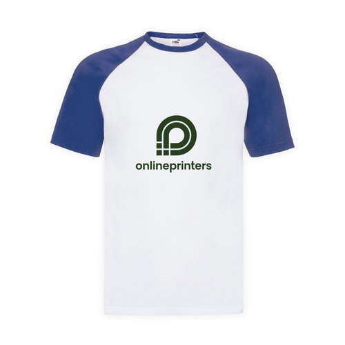 White/Blue cotton t-shirt with short raglan sleeves.