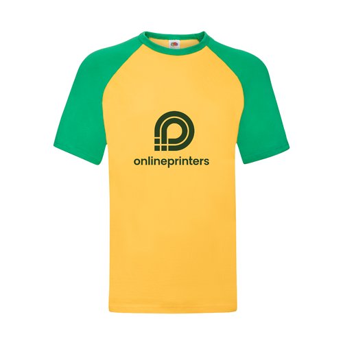 Yellow/green cotton T-shirt with short raglan sleeves.