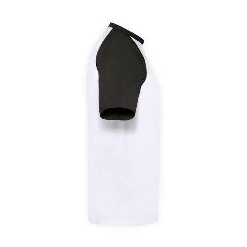 White cotton t-shirt with black sleeves and crew neck.