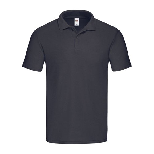 Black-blue cotton polo shirt for men with short sleeves and button placket.