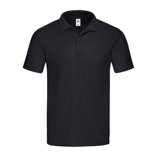 Black cotton polo shirt with a short button placket.