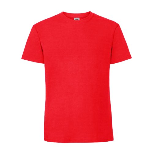 Red cotton T-shirt with short sleeves and round neck.