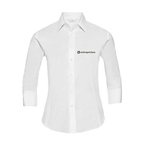 White cotton blend blouse for women with button placket and 3/4 sleeves.