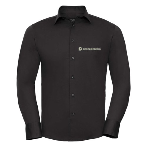 Black shirt with long sleeves and button placket.
