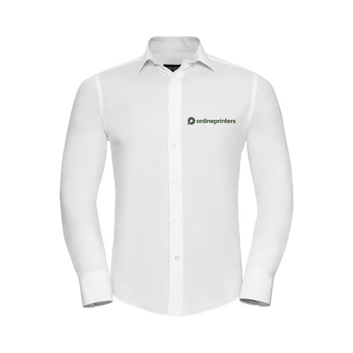 White cotton-elastane men's shirt with long sleeves and button placket.