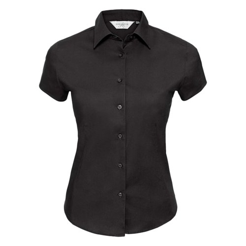 Black fabric short-sleeve blouse with collar and button placket.