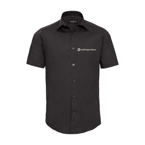 Black fabric short-sleeve shirt with collar and button placket.