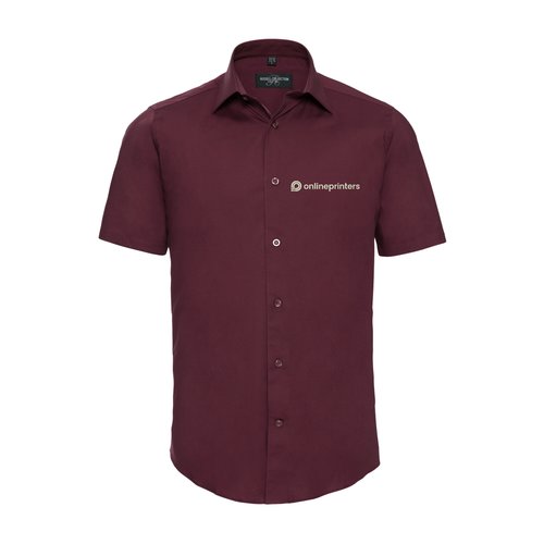 Burgundy cotton blend short-sleeve shirt with button placket.