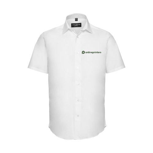White cotton short-sleeve shirt with button placket for men.