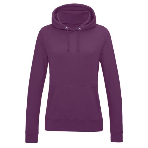 Purple women's cotton-blend hoodie with hood and kangaroo pocket.