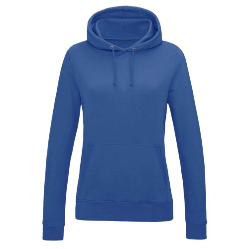 Royal blue cotton-polyester women's hoodie with hood and kangaroo pocket.