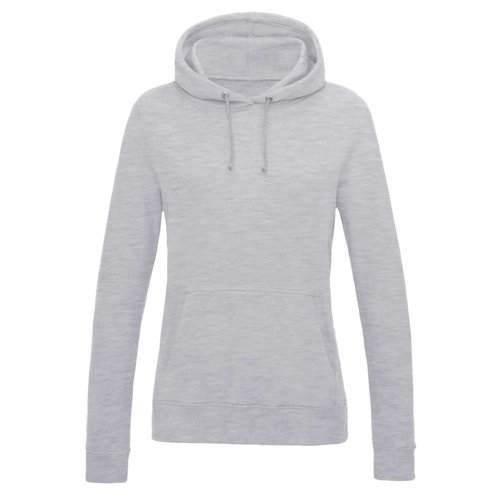 Grey heather cotton-polyester hoodie for women with hood and kangaroo pocket.