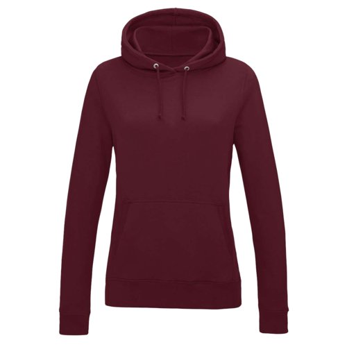 Burgundy cotton-polyester college-style hoodie with hood and kangaroo pocket.