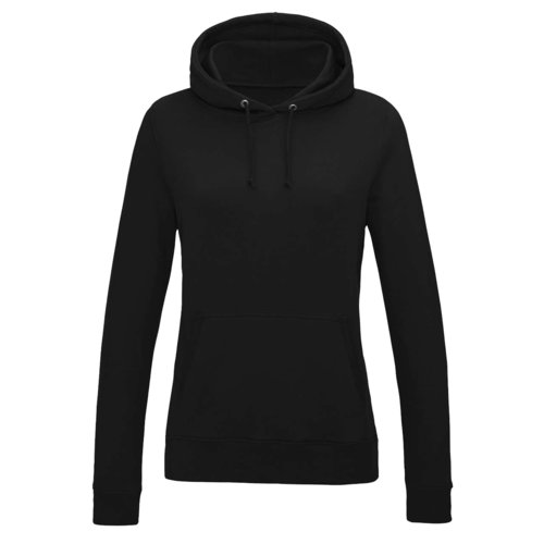 Black cotton-polyester hoodie for women with hood and kangaroo pocket.
