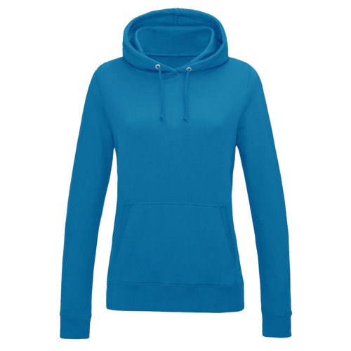 Blue cotton-polyester hoodie with hood and drawstring.