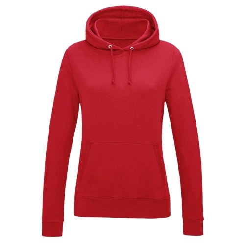 Red cotton-polyester women's hoodie with hood and kangaroo pocket.