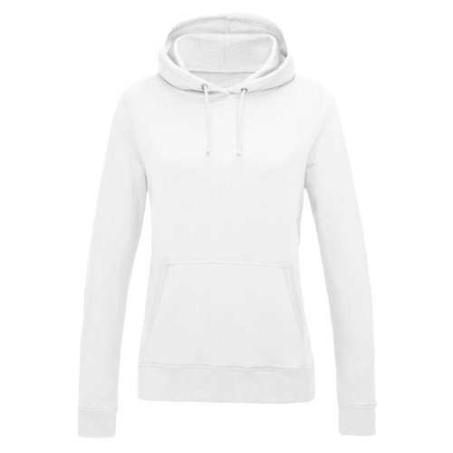 White cotton-polyester hoodie with hood and drawstring.