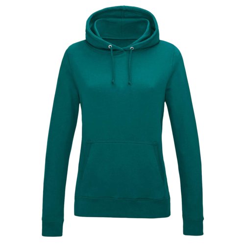 Turquoise cotton-polyester hoodie with hood and kangaroo pocket.