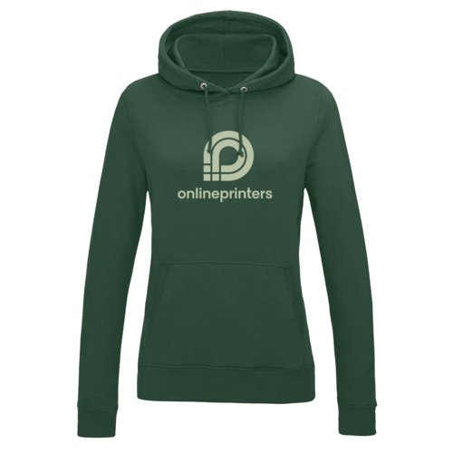 Women's hooded sweatshirt with kangaroo pocket and drawstring.