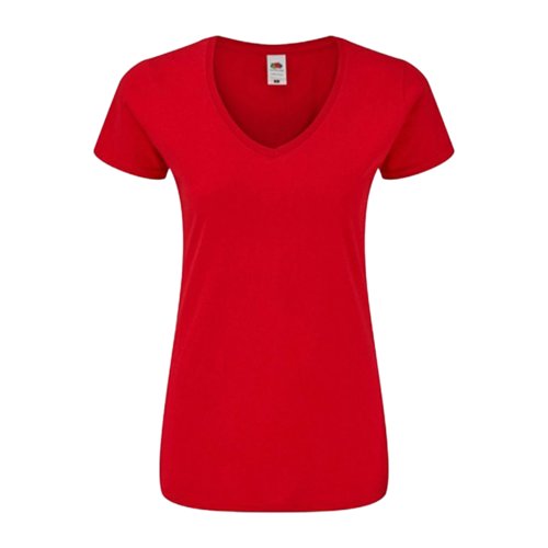 Red cotton V-neck T-shirt with short sleeves for women.