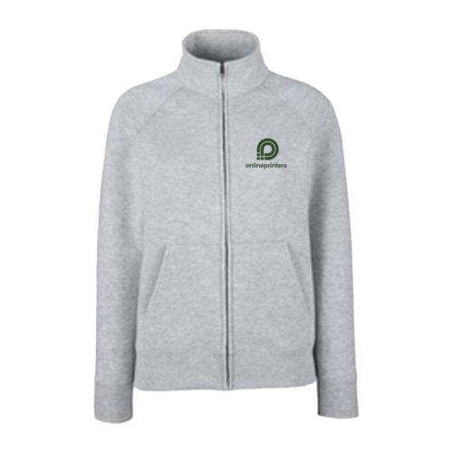 Grey cotton blend sweatshirt jacket with full zipper and pockets.
