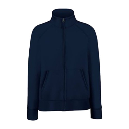 Black-blue cotton-blend sweat jacket with zipper and pockets.